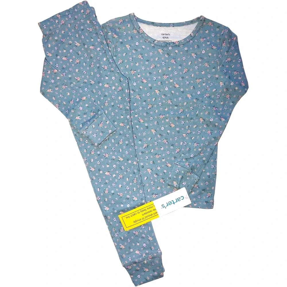 Carter's 2pc Blue Floral Girls Sz 4 Pajamas Cotton Long Sleeve Pants Set NWT‎